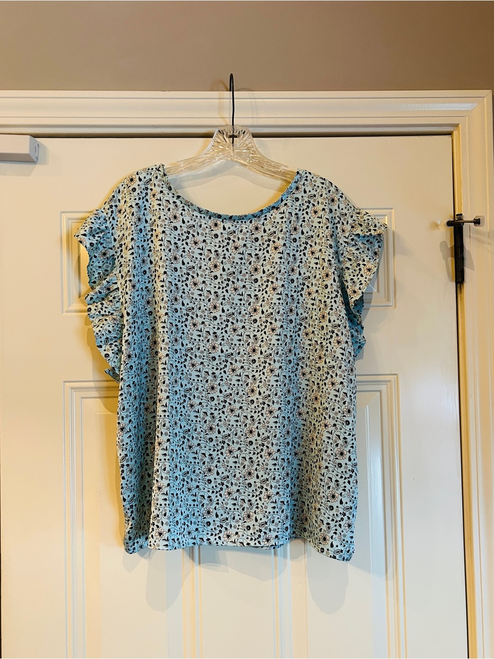 Ann Taylor Light Blue Floral Flutter Sleeve Blouse